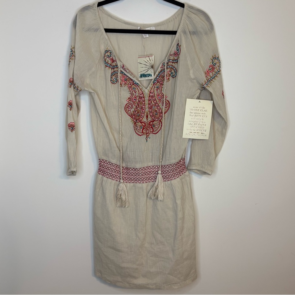 Boston Proper Embroidered Smocked Waist Dress Beaded 100% Cotton Boho Size 8 NWT